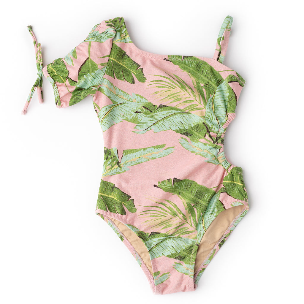 Pink Posies Girls Swimsuit with Bows -  3T